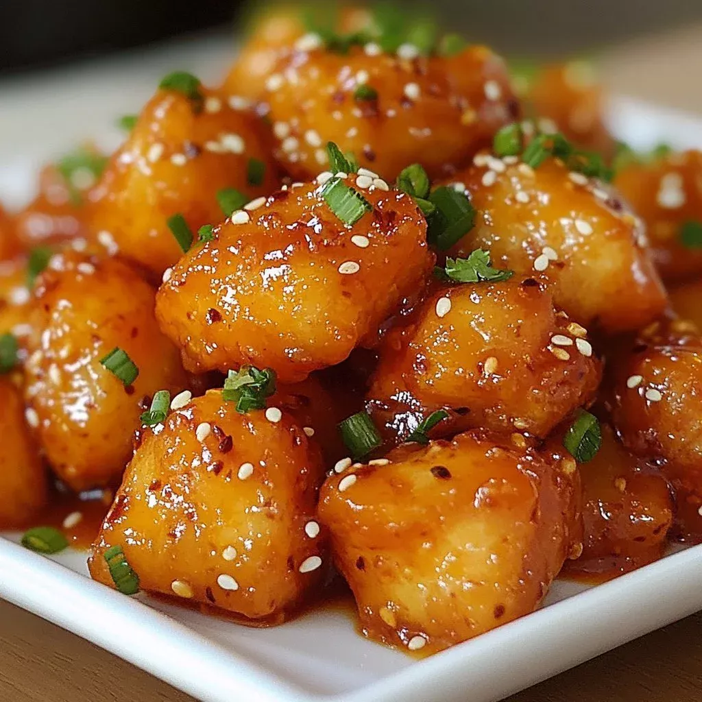 Plate of crispy Honey BBQ Popcorn Chicken with a tasty honey glaze.