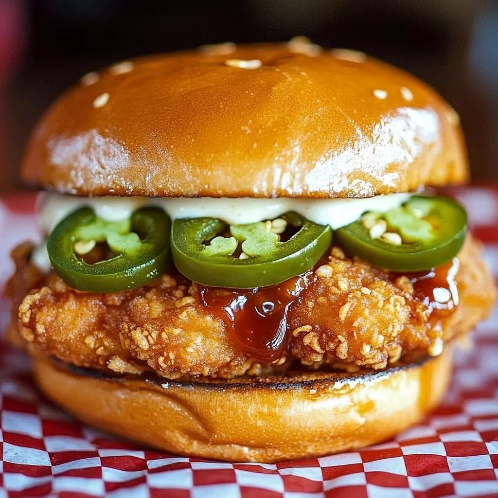 Crispy Jalapeño Honey Fried Chicken Sandwich served with lettuce and pickles