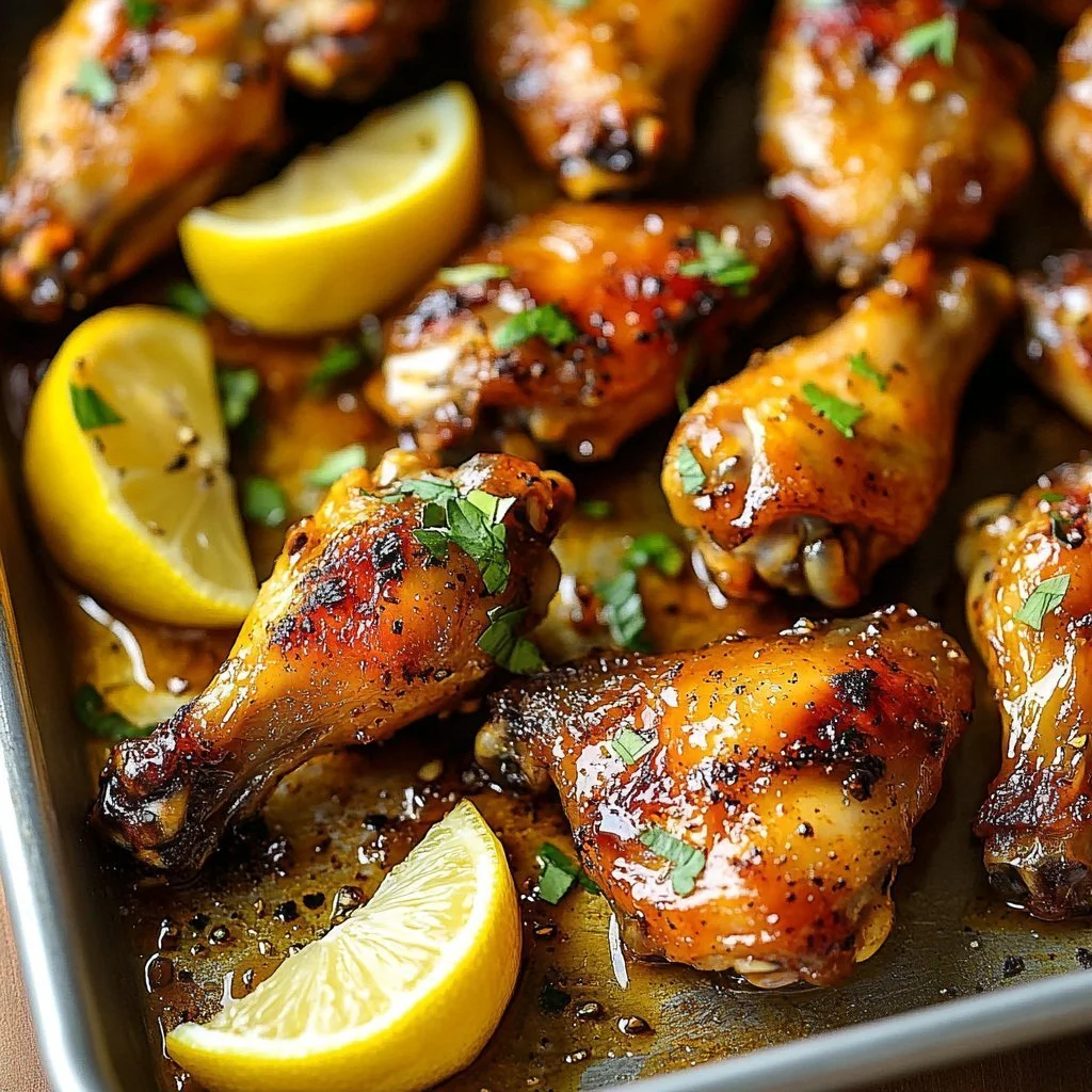 Plate of crispy lemon pepper wings garnished with lemon wedges and herbs.