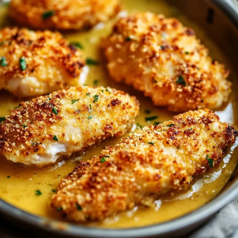Crispy Parmesan Chicken Bake served on a plate with herbs and side vegetables