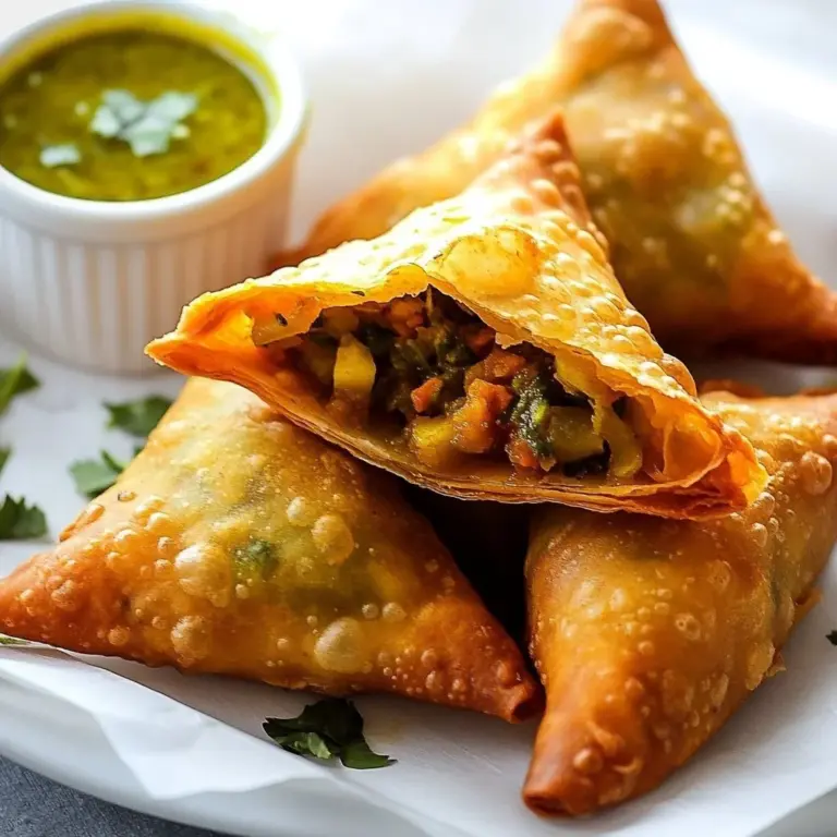 Crispy spicy chicken samosas served with dipping sauce