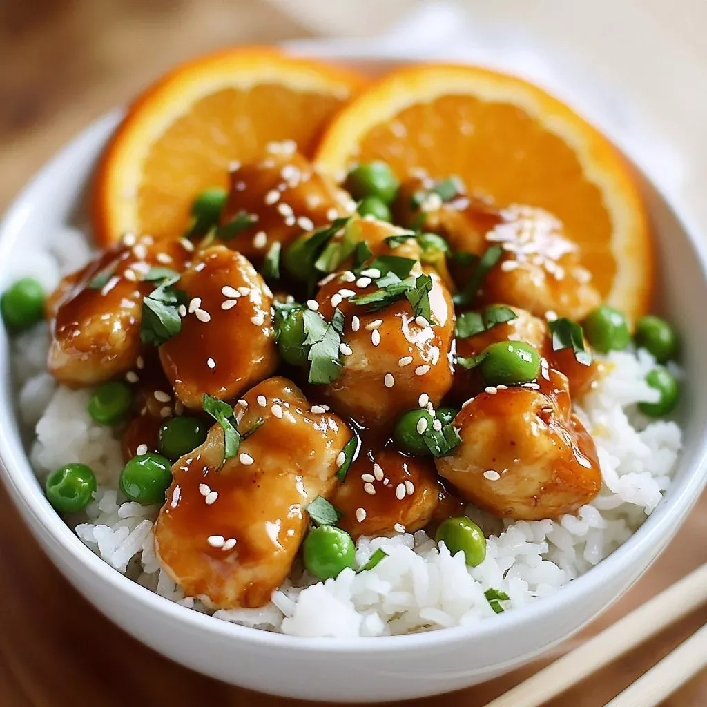 Crock Pot Orange Chicken dish served with rice and vegetables