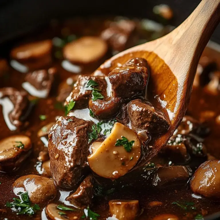 Delicious crockpot mushroom steak bites ready to be served.