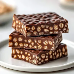 Crunchy No-Bake Chocolate Bars stacked on a white plate