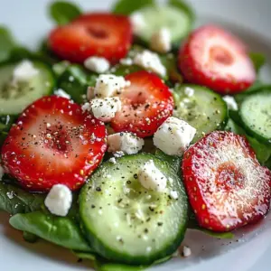 Delicious cucumber and strawberry salad in a bowl, showcasing fresh ingredients.