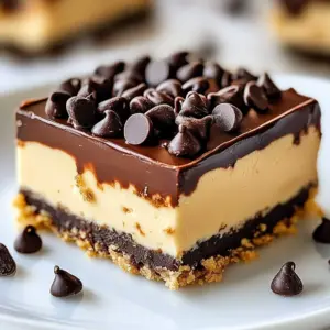 Delicious chocolate peanut butter cheesecake bars topped with chocolate drizzle.