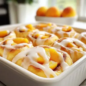 Delicious peach pie cinnamon rolls topped with icing and fresh peaches.