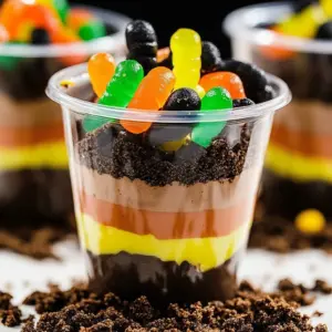Delicious chocolate dirt cups with gummy worms for a fun dessert