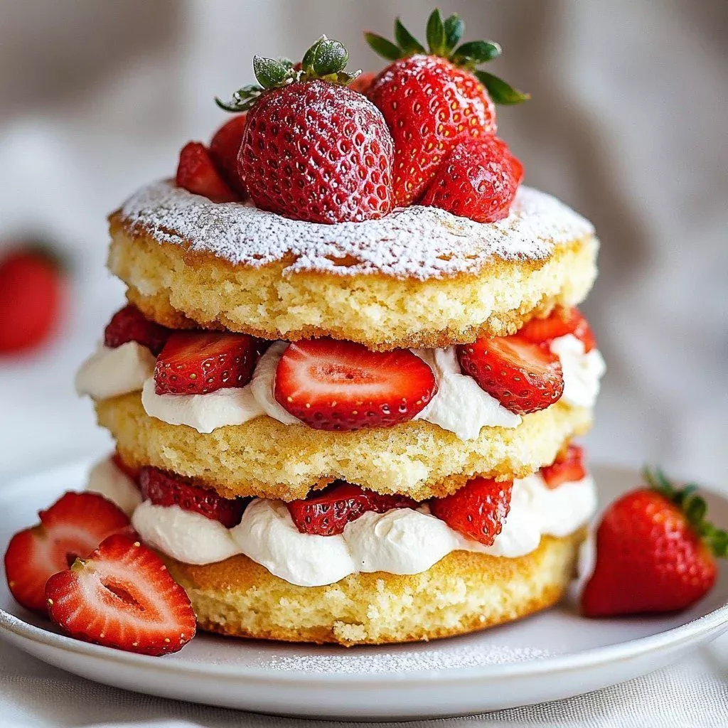 Delicious dreamy berry shortcake with layers of fresh strawberries and whipped cream.