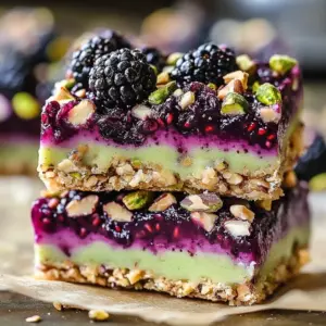 Delicious Blackberry Pistachio Bars topped with fresh blackberries and pistachios.