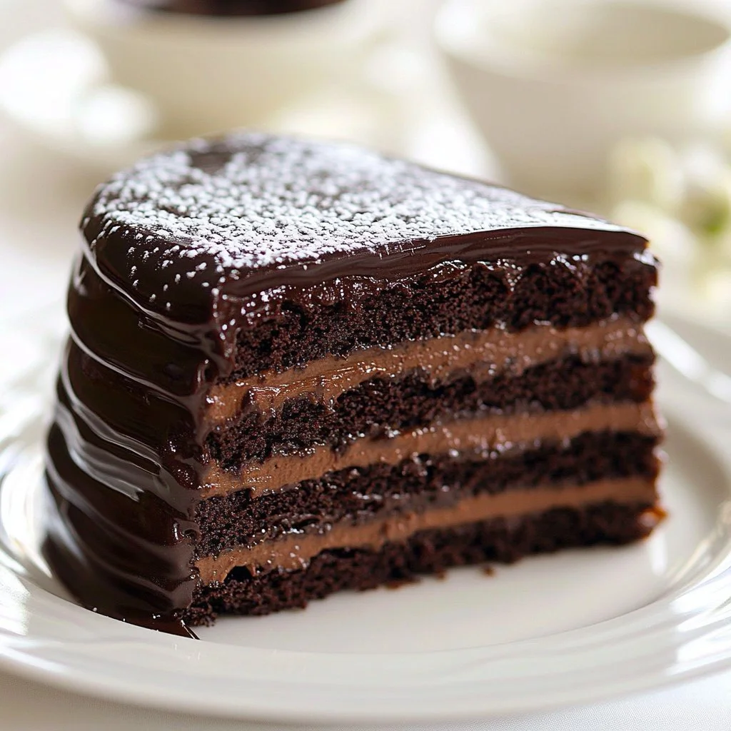 Slice of dreamy moist chocolate cake garnished with chocolate shavings