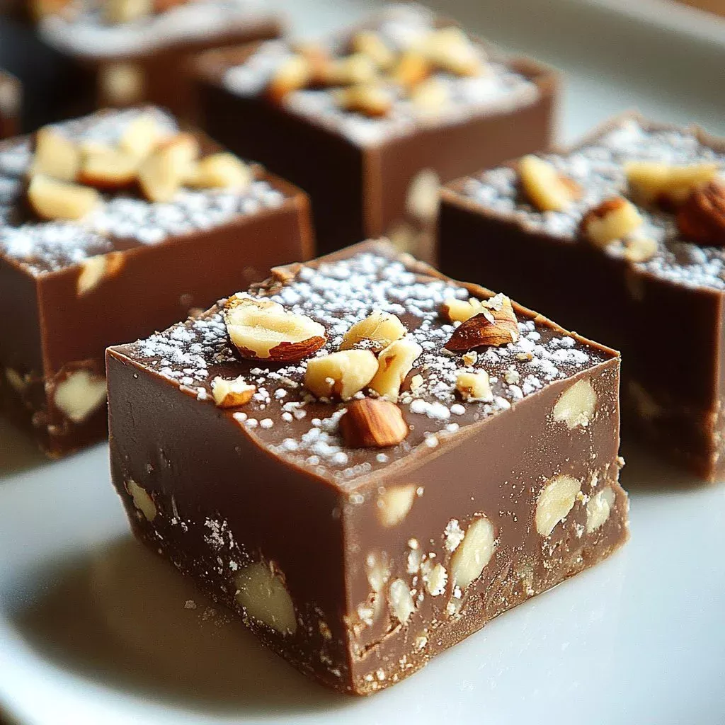 Delicious homemade Nutella fudge cut into squares on a plate