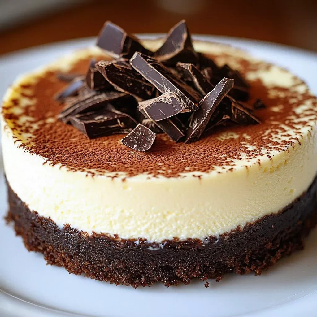 Slice of dreamy tiramisu cheesecake topped with cocoa powder and coffee beans