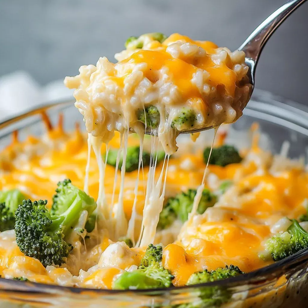 Delicious easy Broccoli Cheddar Chicken Casserole with melted cheese and fresh vegetables