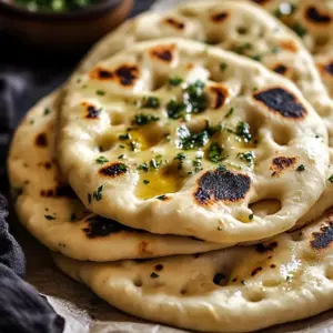 Freshly baked garlic naan bread served on a wooden board.