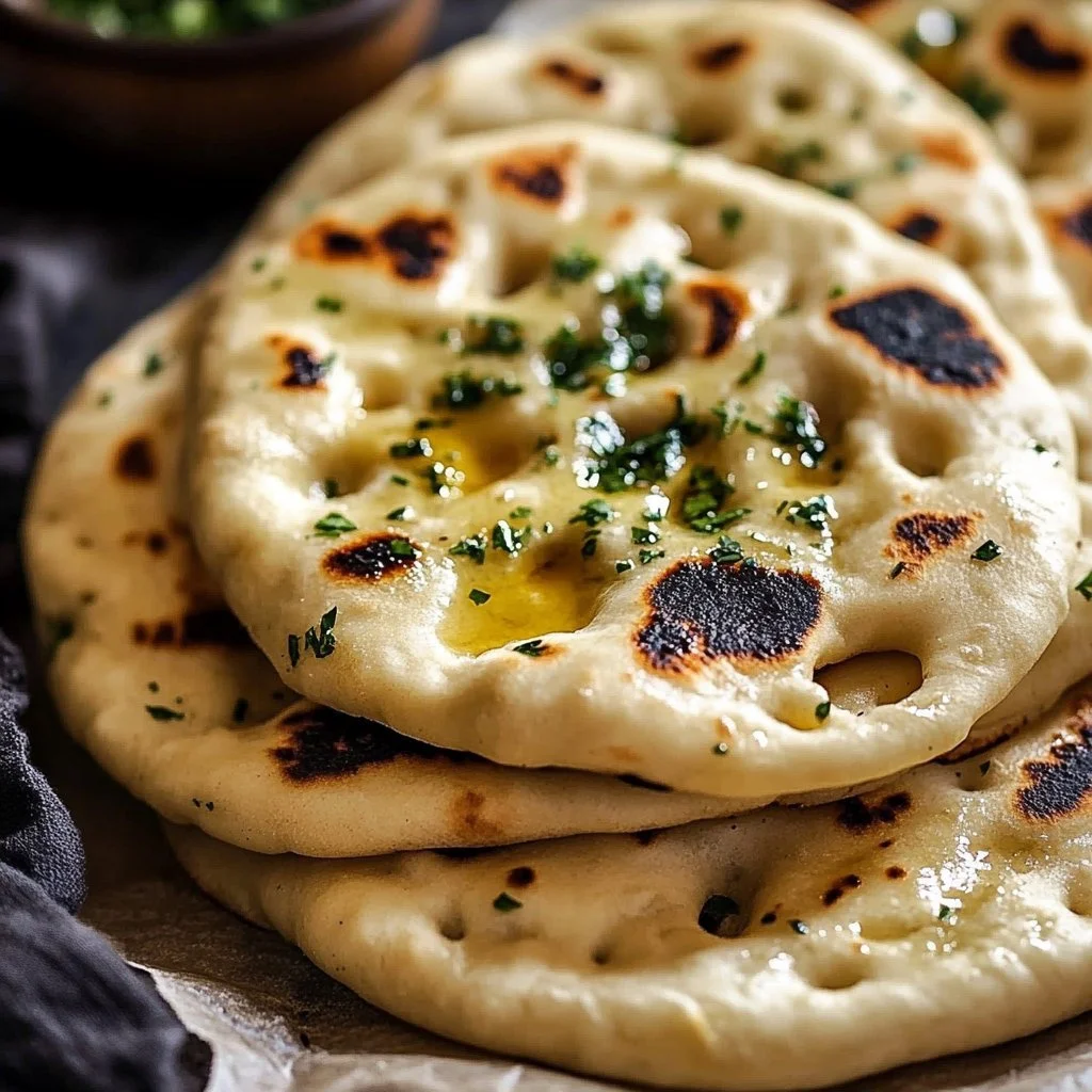 Freshly baked garlic naan bread served on a wooden board.