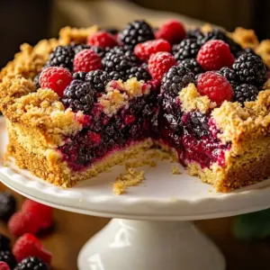 Delicious easy homemade berry cake topped with fresh berries.