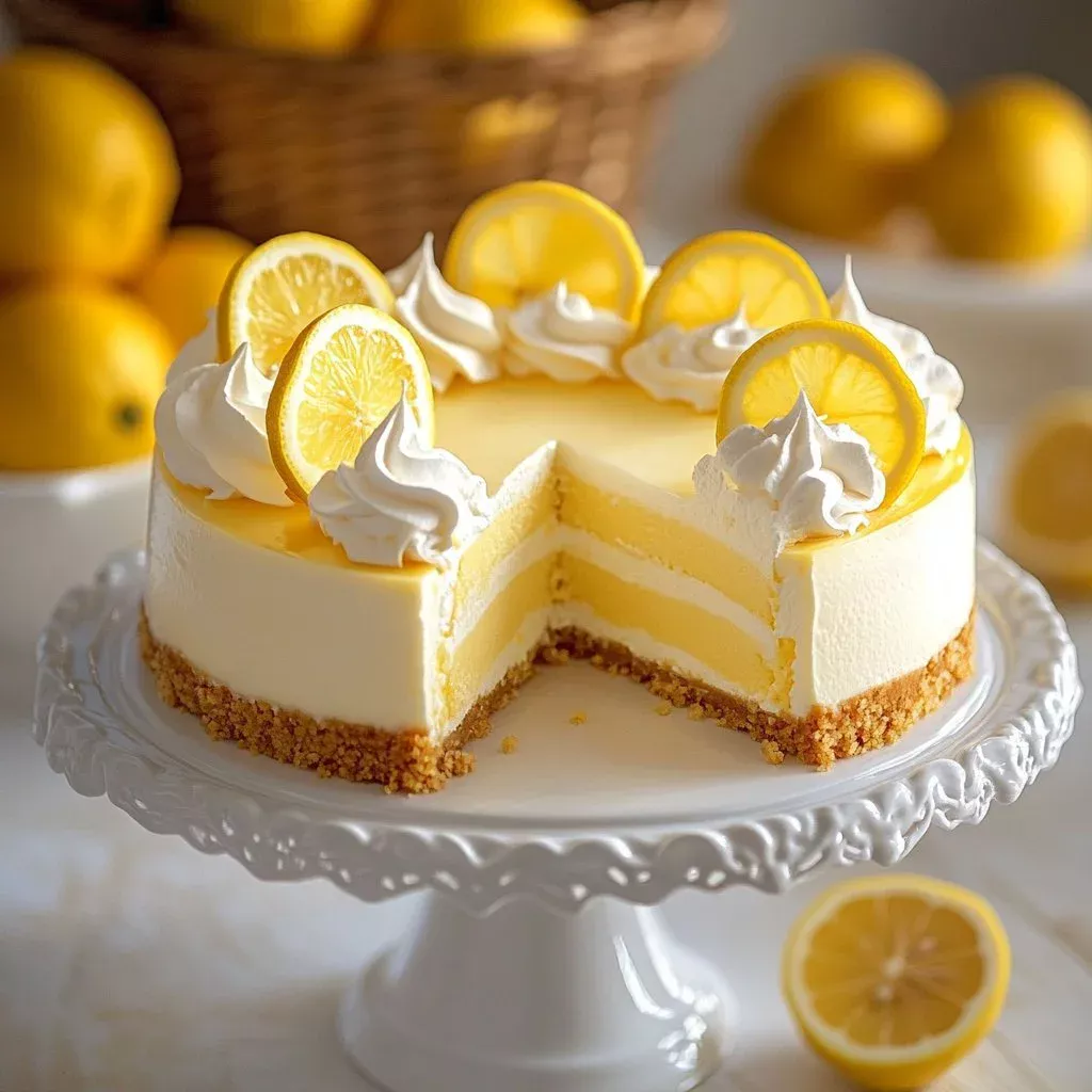 Slice of easy homemade lemon cheesecake with lemon garnish