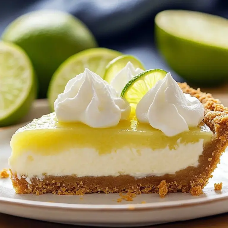 Slice of easy key lime pie with a graham cracker crust and lime garnish