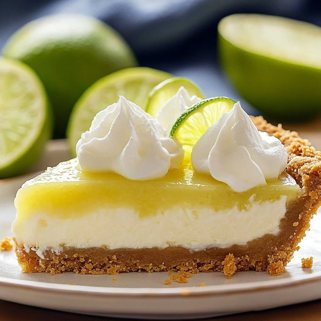 Slice of easy key lime pie with a graham cracker crust and lime garnish