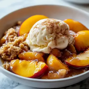 Easy peach crisp dessert topped with vanilla ice cream