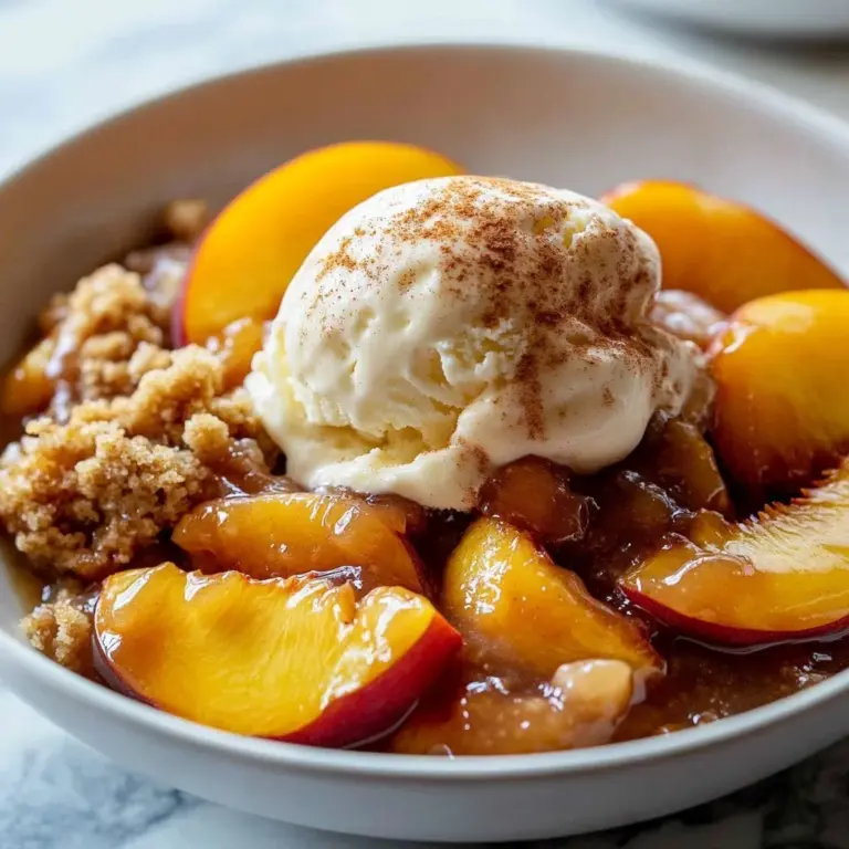 Easy peach crisp dessert topped with vanilla ice cream
