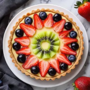 Exquisite French fruit tart with fresh fruits and creamy filling on a buttery crust