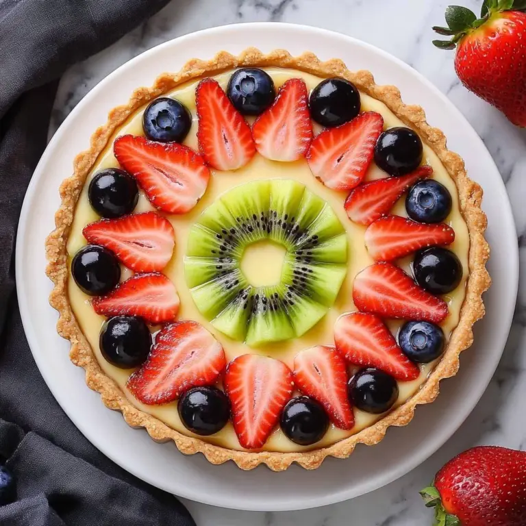 Exquisite French fruit tart with fresh fruits and creamy filling on a buttery crust