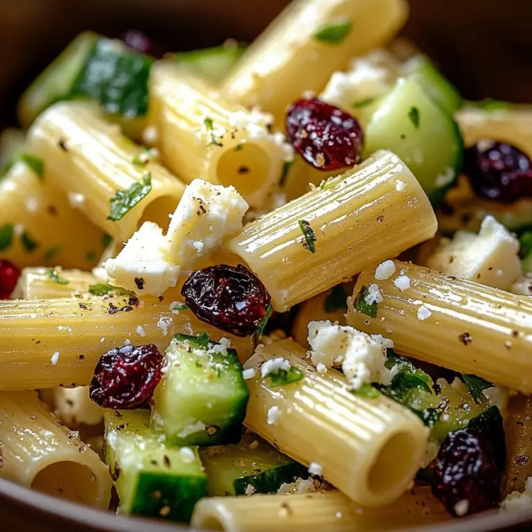 Feta Cranberry Rigatoni Salad with fresh ingredients in a serving bowl