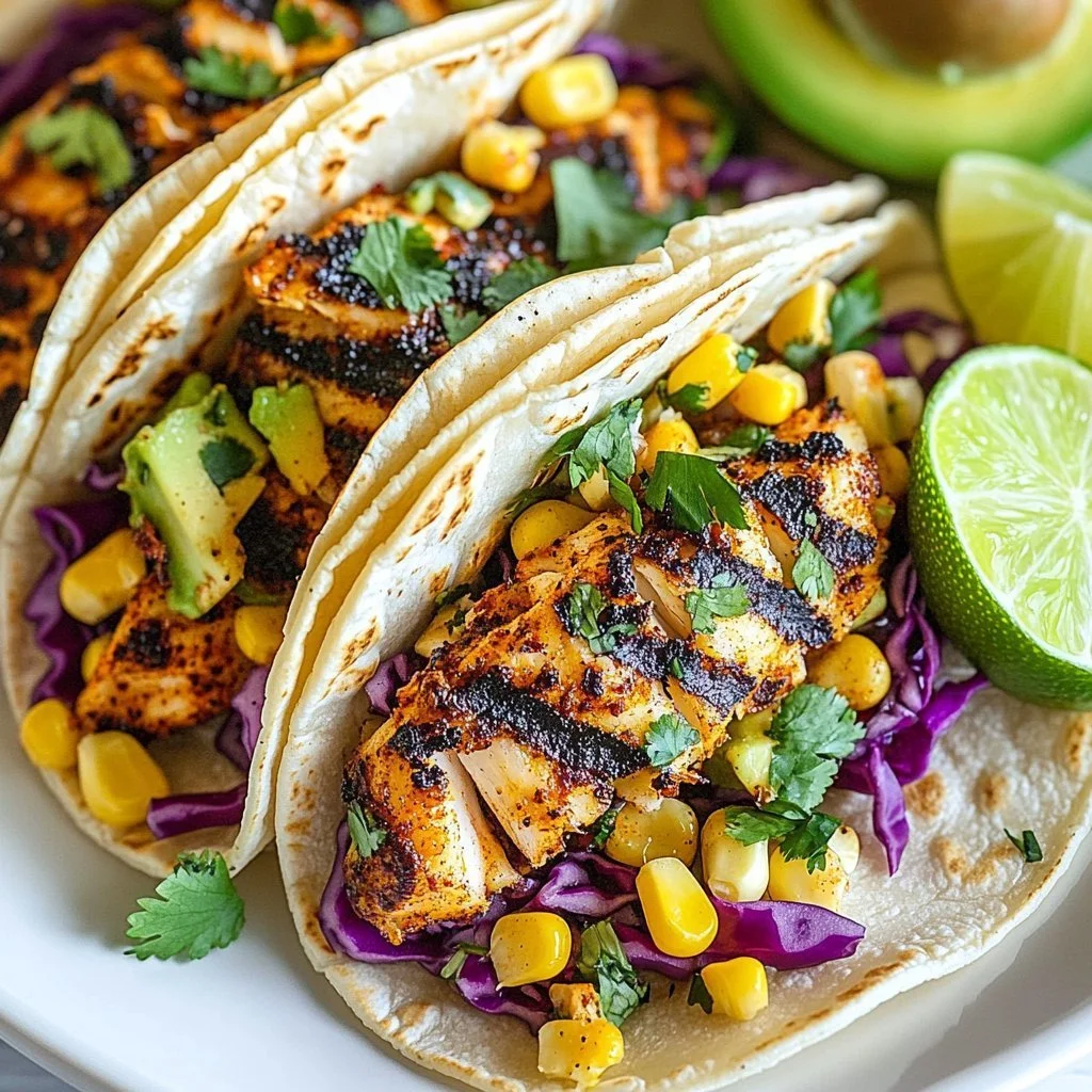 Delicious blackened fish tacos topped with fresh ingredients and spices.