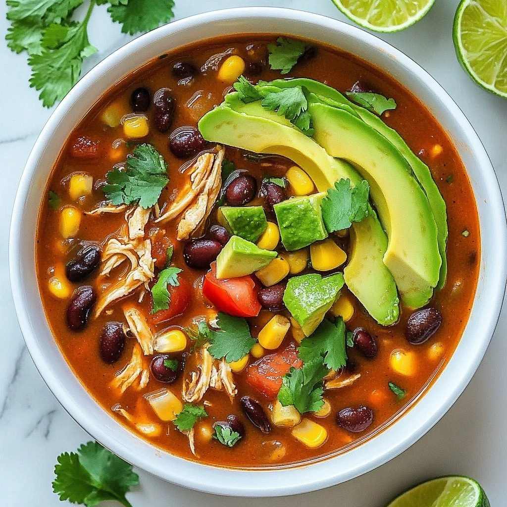 Bowl of flavor-packed crockpot chicken chili topped with fresh cilantro and cheese