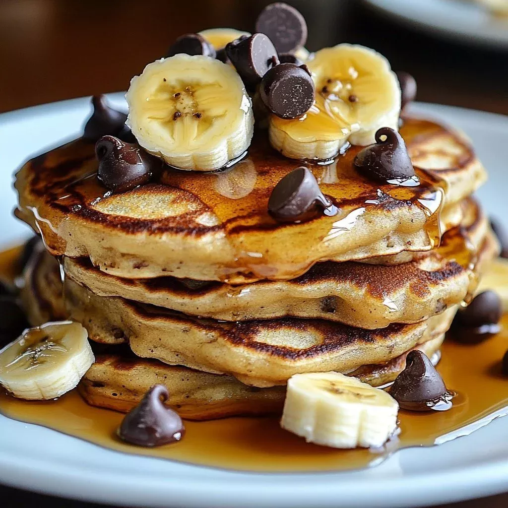 Fluffy oatmeal chocolate chip pancakes stacked with chocolate chips on top