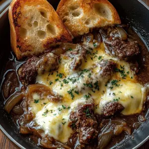 Bowl of French Onion Beef Stew topped with melted cheese and garnished with herbs