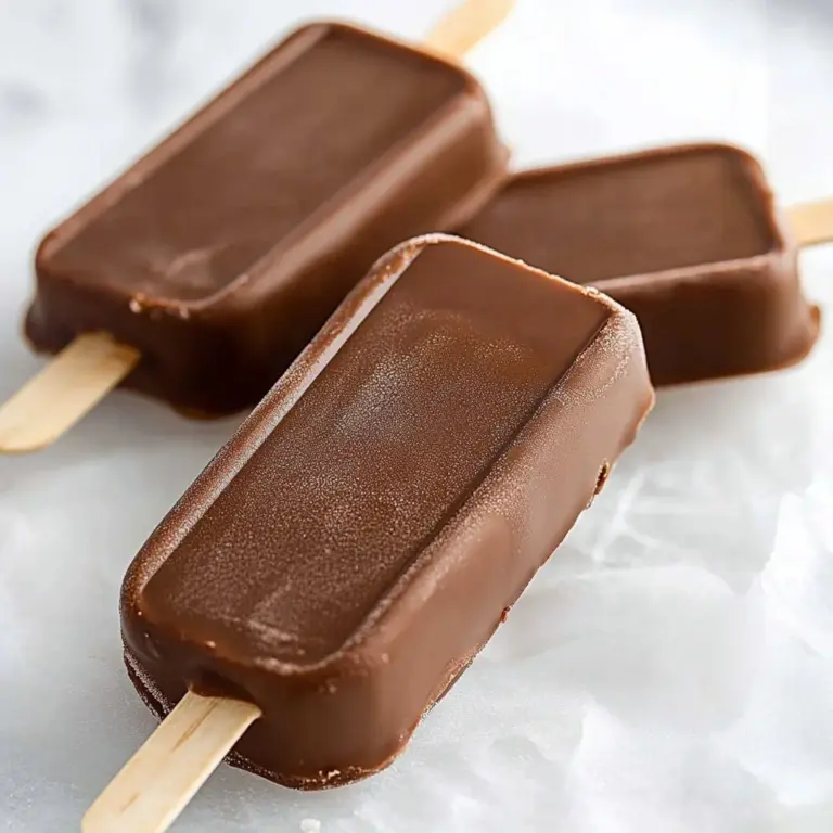 Delicious homemade fudge popsicles on a wooden table.
