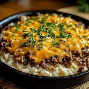 Garlic Butter Beef and Rice Skillet served in a pan with herbs and spices