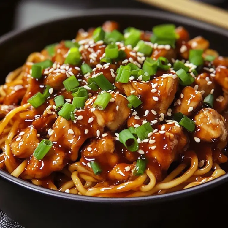 Delicious Garlic-Glazed Chicken served with noodles in savory sauce