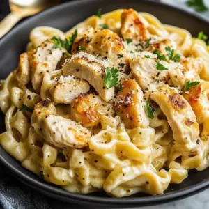 Delicious Garlic Parmesan Chicken Pasta served with herbs and garnished.