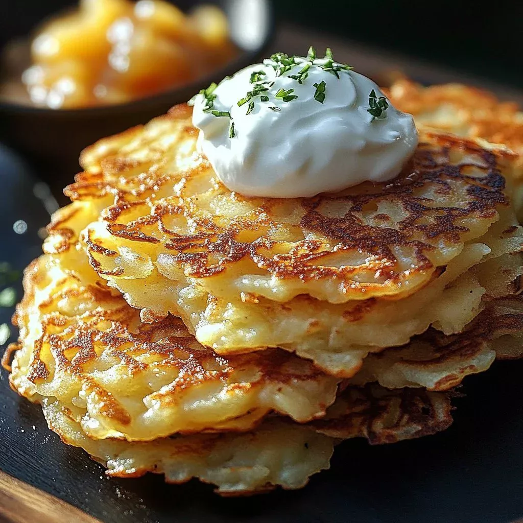 Golden crispy potato pancakes served on a plate with garnishes