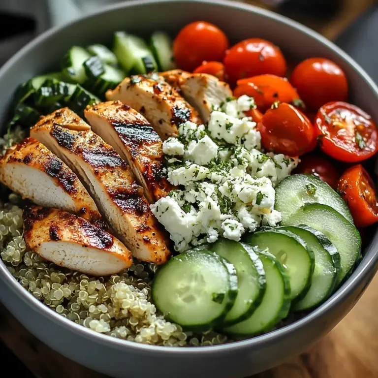 Greek Chicken Gyro Bowl with Quinoa garnished with fresh vegetables
