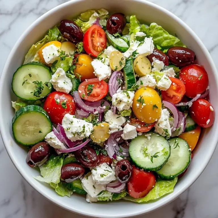A vibrant Greek Inspired Cottage Cheese Salad with fresh vegetables and herbs.