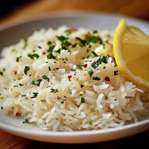 Bowl of Greek lemon rice garnished with herbs and lemon slices