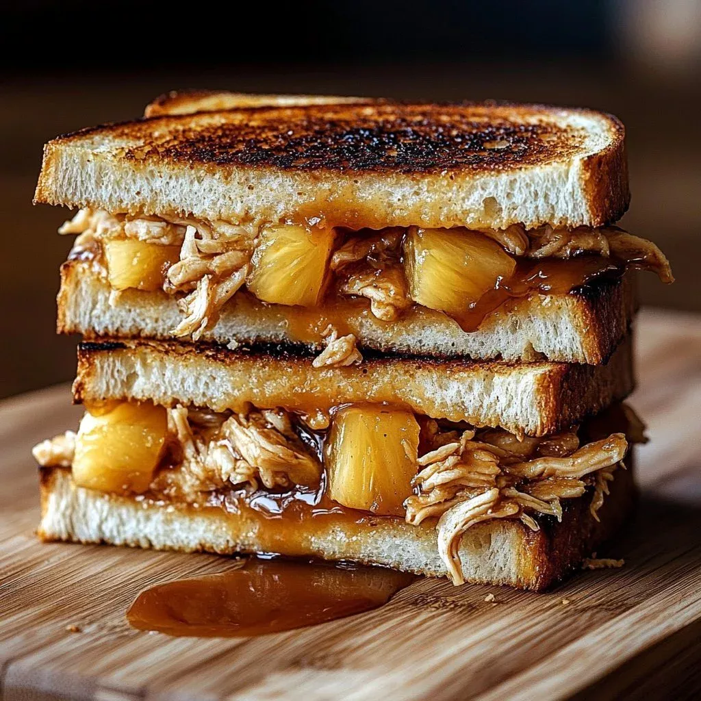 Grilled cheese sandwich with BBQ chicken and pineapple topping