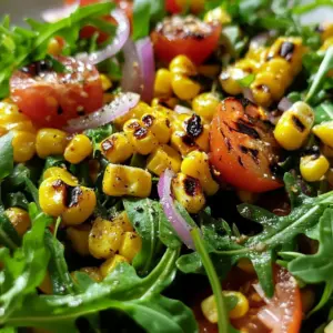 Grilled corn salad with arugula, colorful vegetables, and a zesty dressing