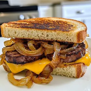 Grilled kielbasa and onion sandwich served on a rustic bun.