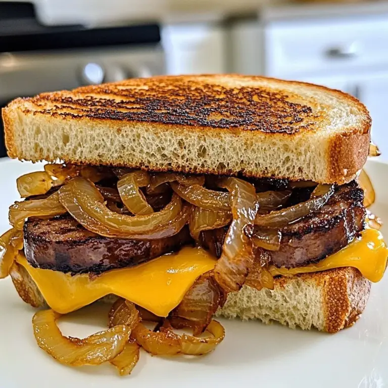 Grilled kielbasa and onion sandwich served on a rustic bun.