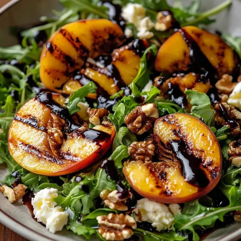 Delicious Grilled Peach Feta Salad with fresh greens and feta cheese