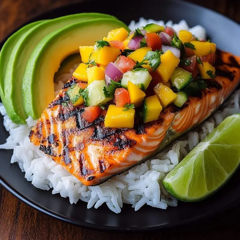 Grilled salmon fillet topped with vibrant mango salsa on a plate