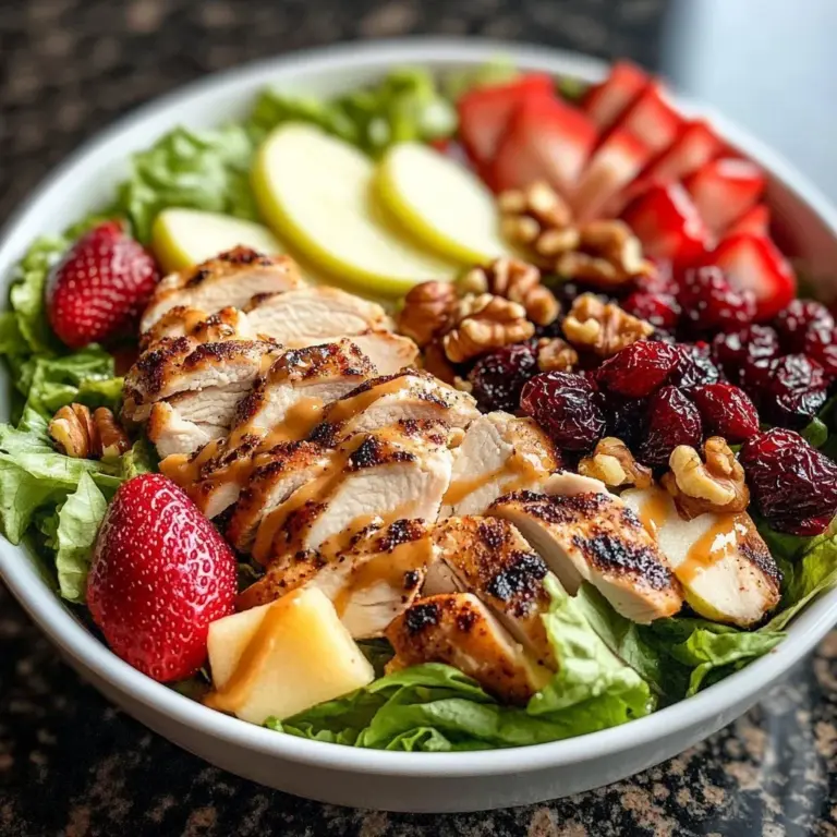 Grilled strawberry chicken salad served in a colorful bowl with fresh ingredients.