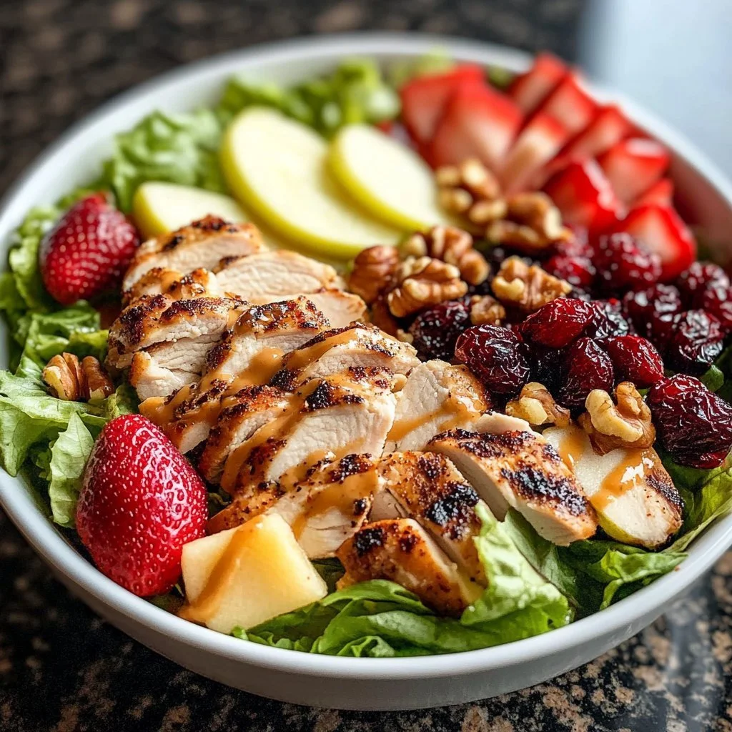 Grilled strawberry chicken salad served in a colorful bowl with fresh ingredients.