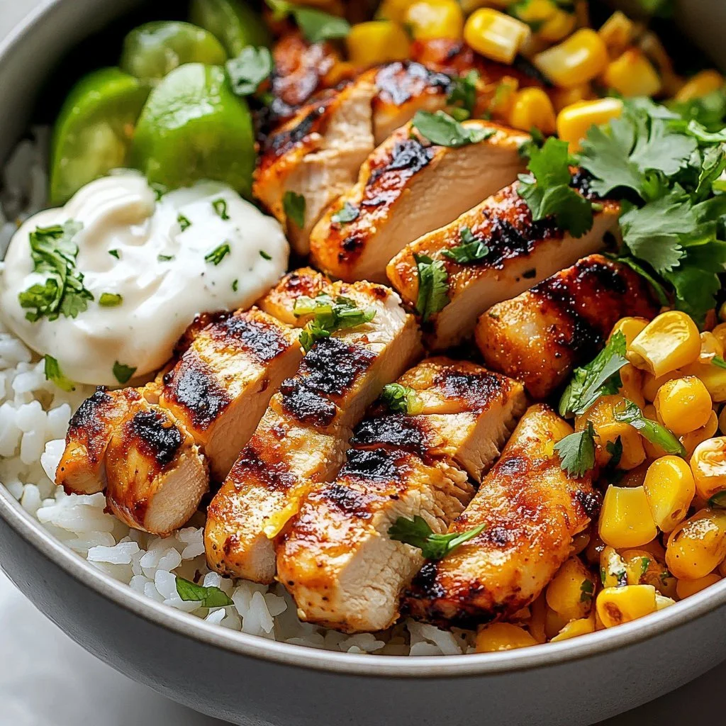 Delicious Grilled Street Corn Chicken Rice Bowl served with fresh ingredients